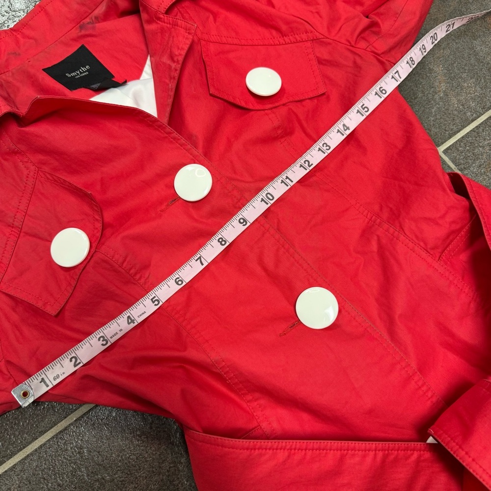 Smythe Belted Long Sleeve Collared Trenchcoat Trench Jacket Red White Button 6 - Picture 12 of 15